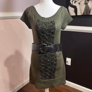 y2k dark green knit sweater mini dress with belt small